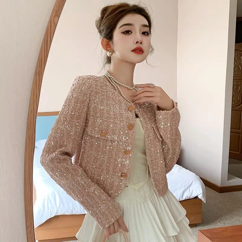 

2024 Women Spring Autumn New Small Fragrance Short Coat Female Loose Tweed Jackets Ladies Long Sleeve Buttons Overcoats Q181