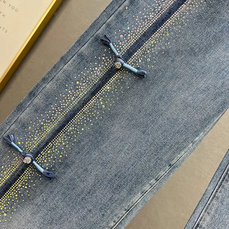 Ladies' Denim Wide Leg Pants with Long Pants, New Autumn High Waisted, Loose Fit, Slimming, Hot Pressed Diamond Floor Pants