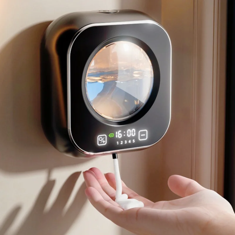 

Sensor-operated hand sanitizer dispenser with USB charging, battery and time display, compatible with foam/liquid.