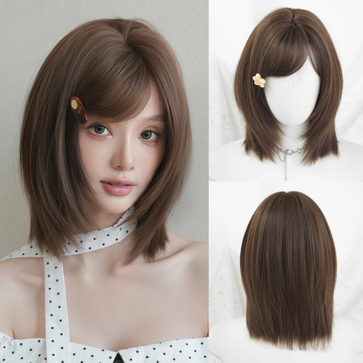 

NAMM Synthetic Short Straight Brown Bob Wig for Women High Density Layered Hair Wigs with Neat Bangs for Women Daily Use