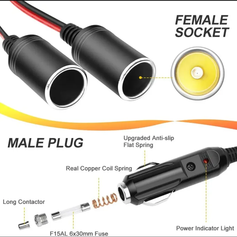 Kabel ekstensi rokok mobil, 12V 24V 1 hingga 2 pemantik rokok mobil Jumper adaptor daya Splitter soket wanita