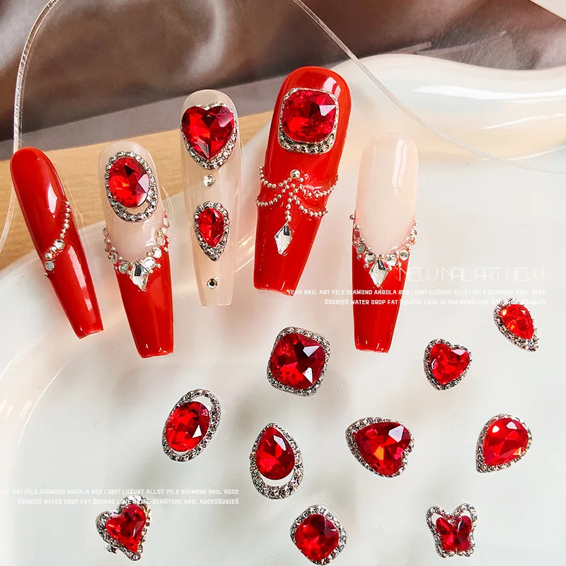 10PCS Luxury Alloy สีแดง 3D เล็บทับทิม Charms อัญมณี Rhinestones เครื่องประดับอุปกรณ์เสริมสําหรับอุปกรณ์ตกแต่งเล็บผลิตภัณฑ์