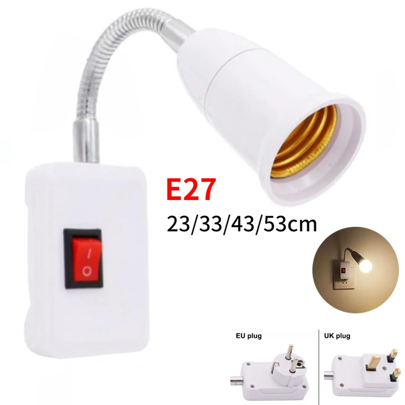 

EU UK Plug to E27 Light Base Conversion LED Bulb Socket Flexible Extension Rotary Lamp Holder With Switch 23/33/43/53cm