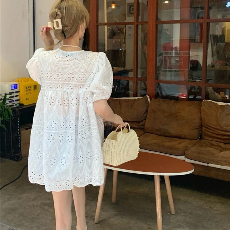 Rimocy Korean Fashion Loose White Shirt Women Summer Puff Sleeve Lace Hollow Out Mini Dress Woman V Neck Chic Blouse Female