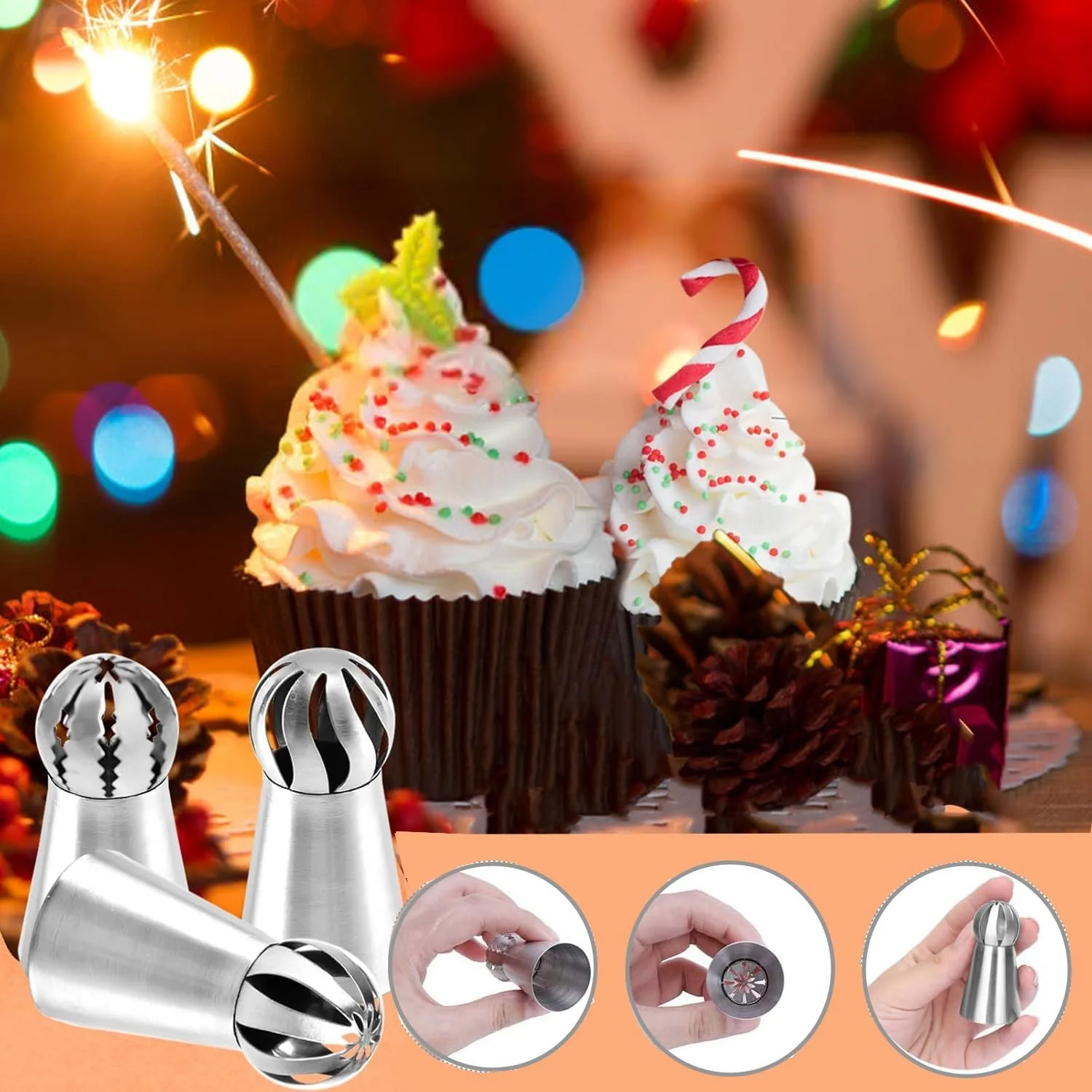 3pcs Stainless Steel Piping Tips Set, Ball Shaped Icing Nozzles,Decoration Tips,For Kitchen And Bakery, Cake Decorating Supplies
