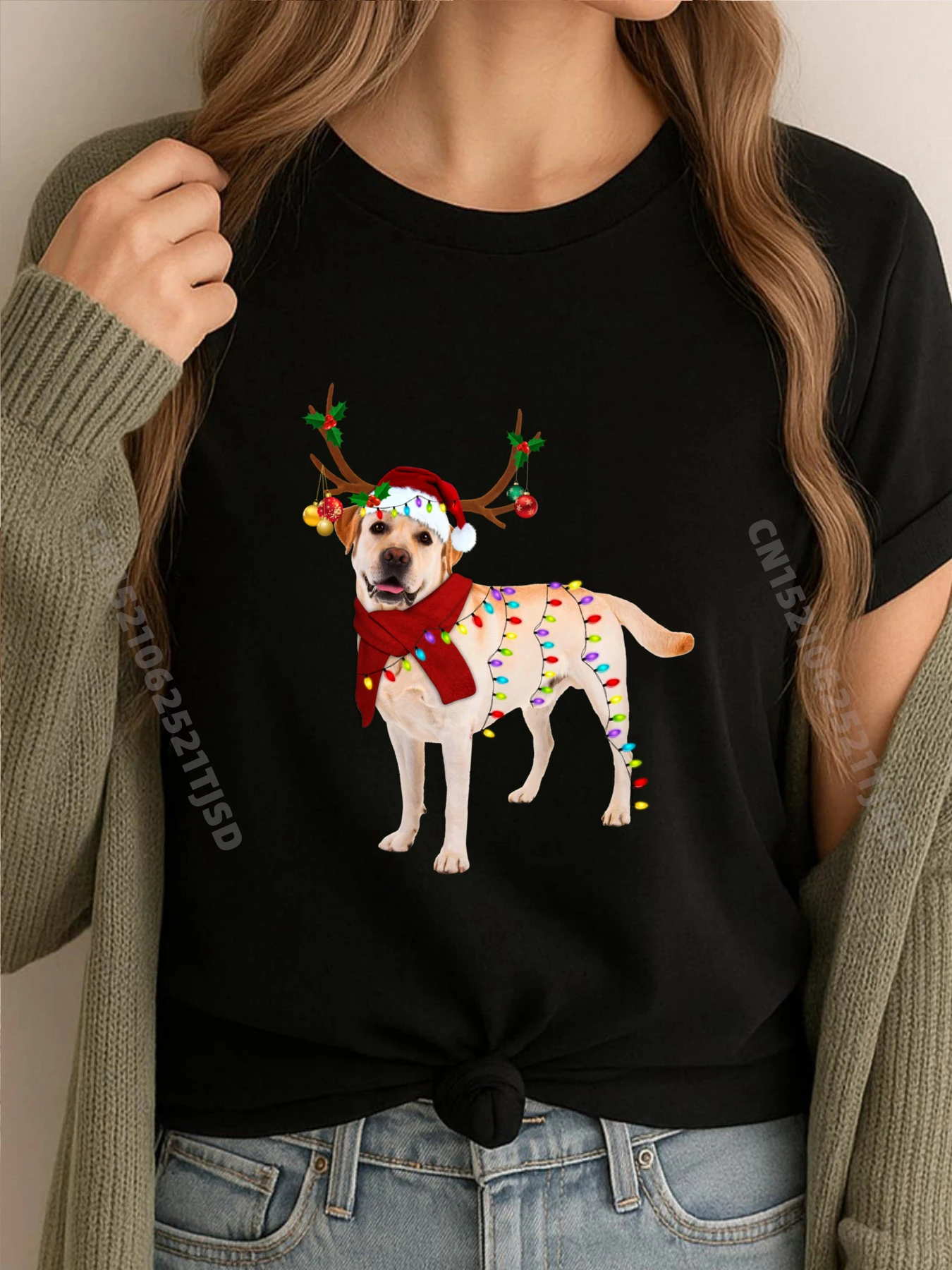 

Санта Лабрадор ретривер олень светлая рождественская черная футболка оверсайз мужская Новый год