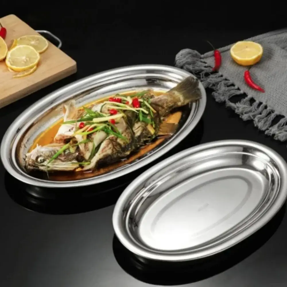 

Stainless Steel Elliptical Steamed Fish Plate Gold/Silver Korean Style Barbecue Dish Lagre Capacity Snack Tray Restaurant