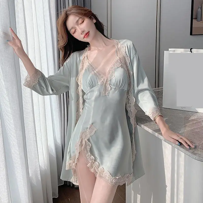 Women Twinset Robe Gown Set Sexy Lace Nightgown Kimono Bathrobe Nightdress Casual Satin Sleepwear Home Wear Clothing