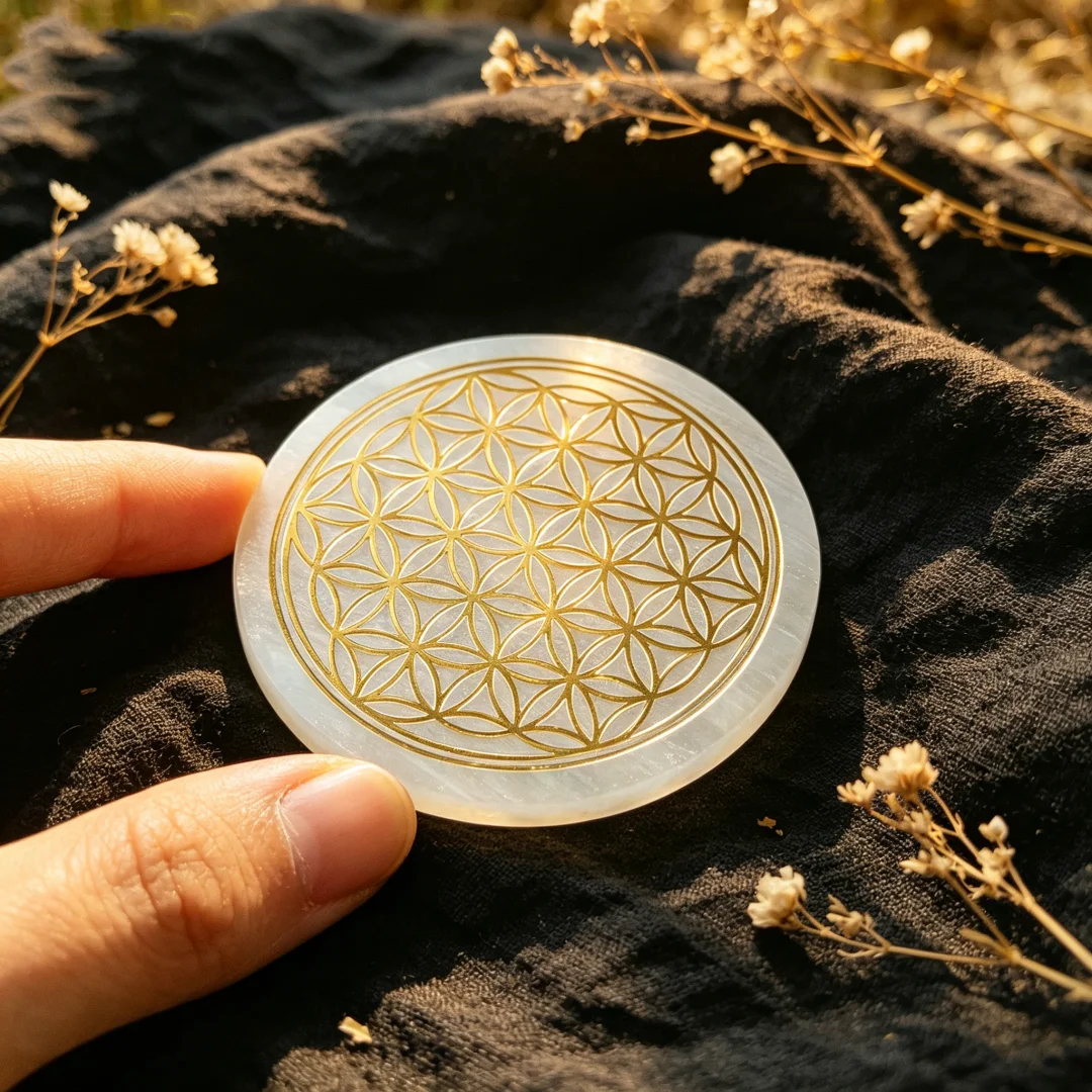 Natural Selenite Slice Selenite Slab White Gypsum Flower of Life Tree, Selenite Flower of Life Disk Stone, interior decoration