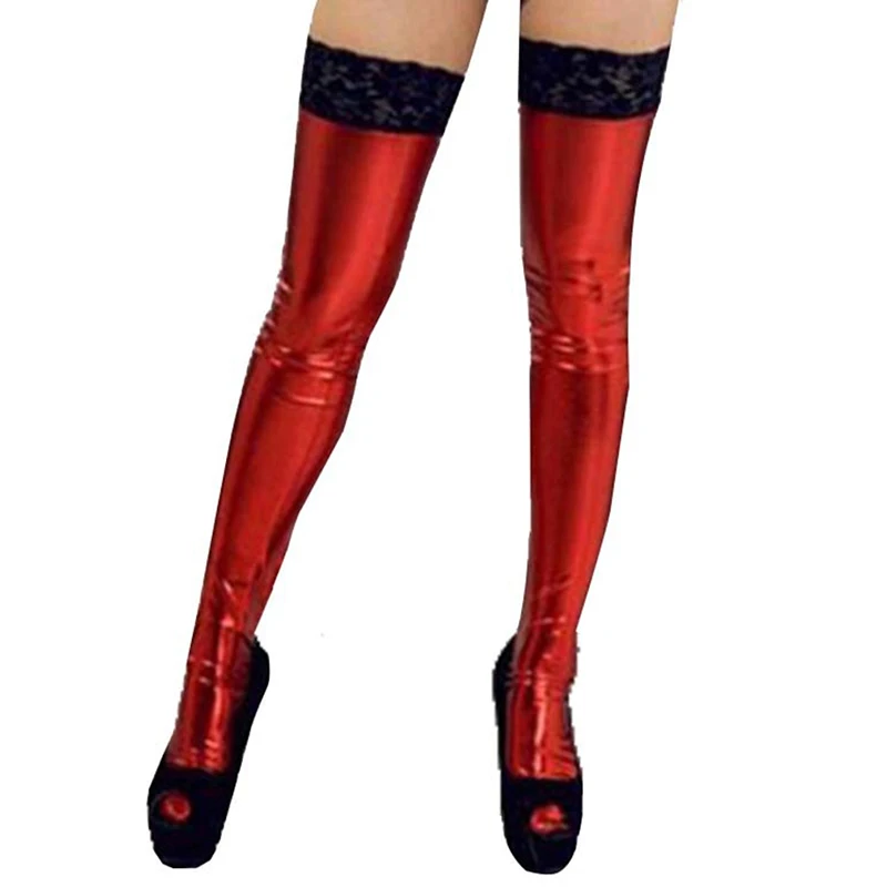 Pu Leather Sexy Stocking Women Patent Leather Long Stocking Thigh For Lady Girl High Stay Up Lace Floral Stockings Femme