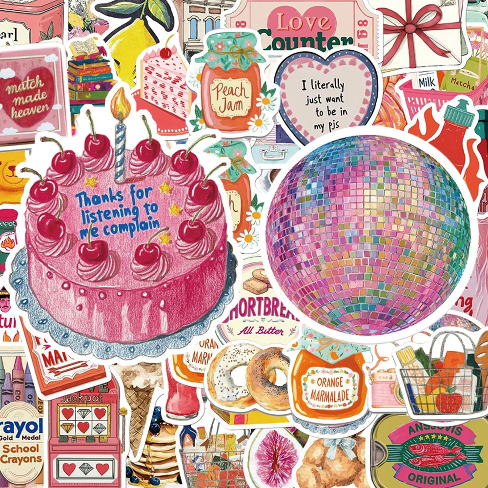

10/30/50pcs Pink Aesthetic Art Stickers Cartoon Mediterranean Style Food Sticker Fridge Luggage Phone Diary Graffiti Decals Gift