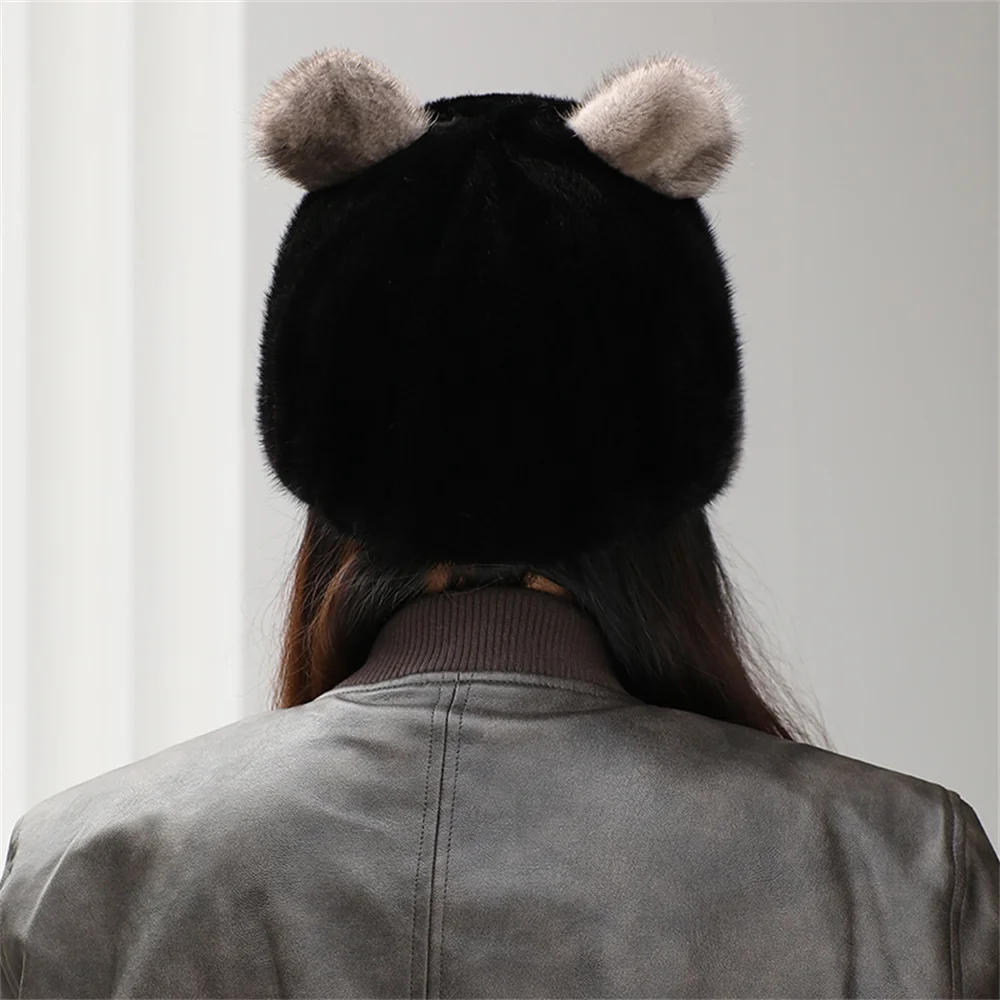 New Fur Hats For Women Luxury Designer Brand Fur Mink Hat Plush Thickened Cute Russian Bomber Hat Ear Potection With Ears Cap