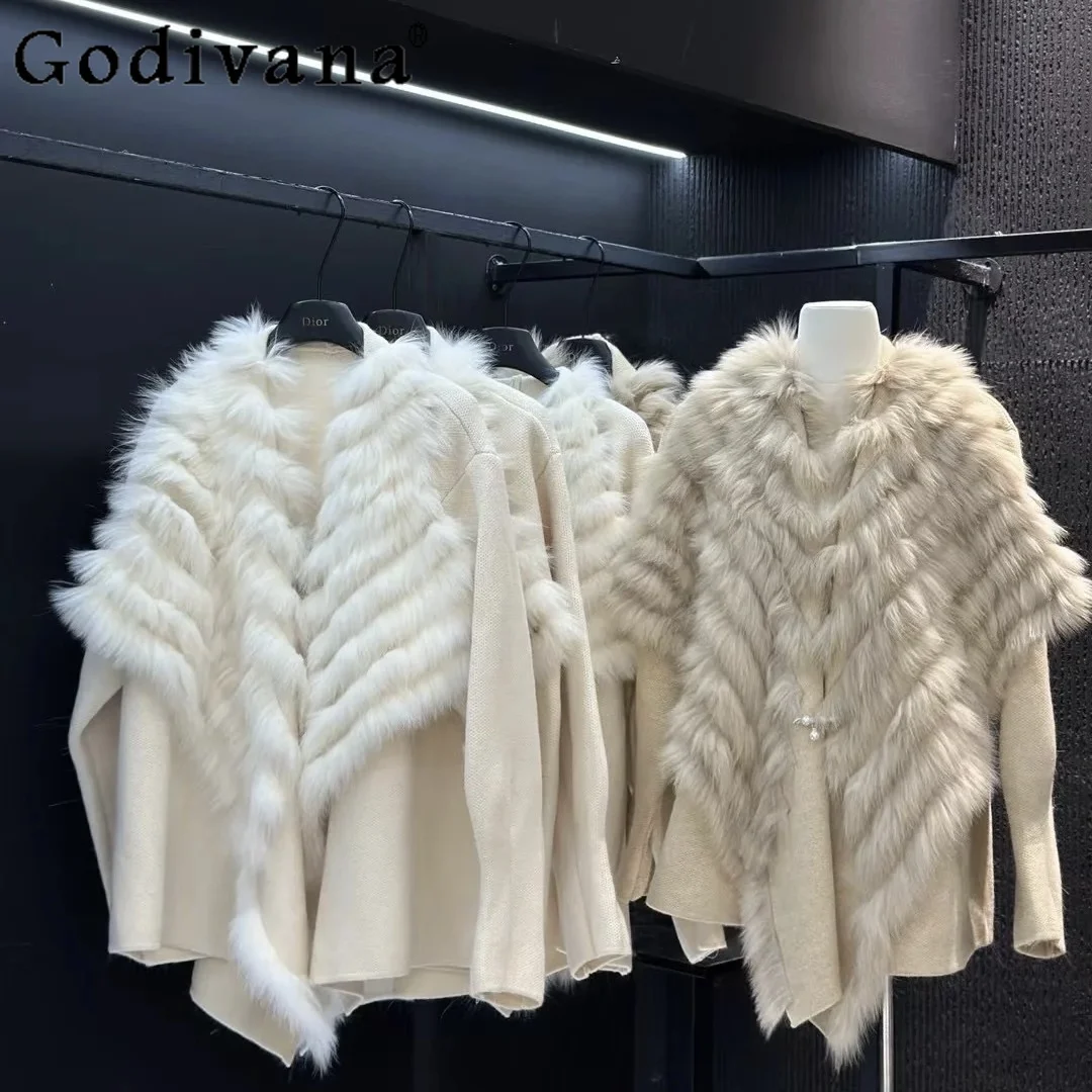 

2025 New Large Lapel Sweater Hooded Fur Collar Coat Autumn Winter Thickened Warm Knitted Sweater Fur Coat Elegant Lady Fur