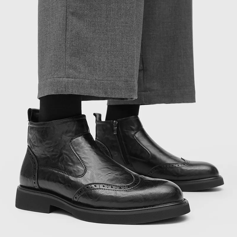 Botas Chelsea de cuero genuino para hombre, estilo cowboy, con brogue tallado, negras, de moda, para negocios, bodas, botines de tobillo.