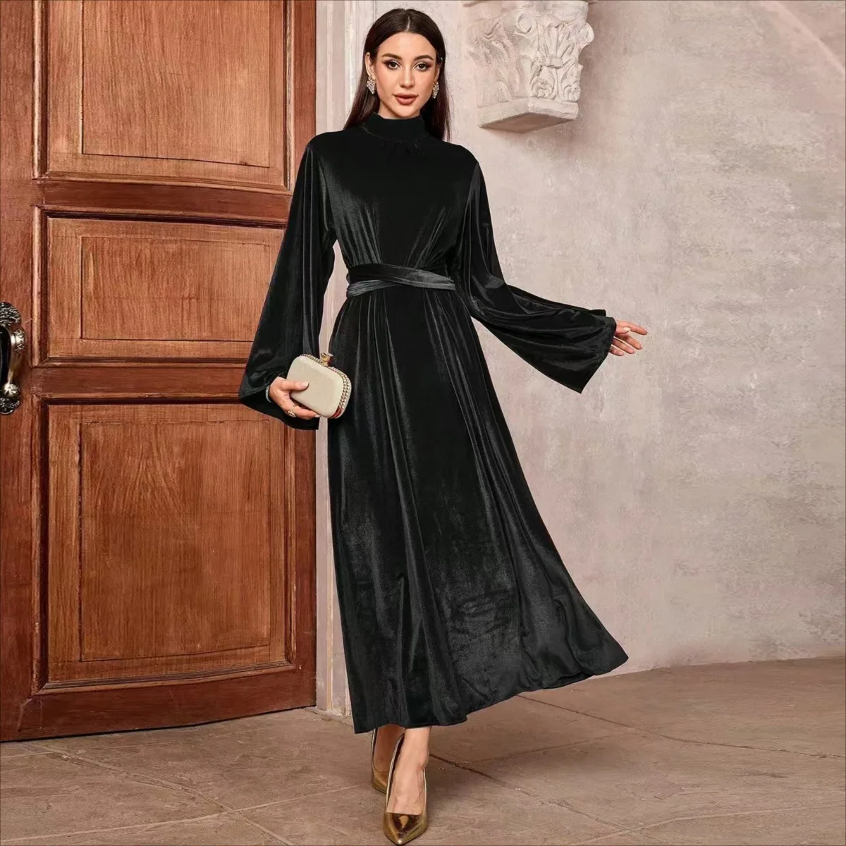 Dünnes Pleuche-Kleid für Damen, Maxikleider, volle Ärmel, elegantes Abendkleid, langes Kleid, islamische arabische Kleider für den Nahen Osten mit Gürtel