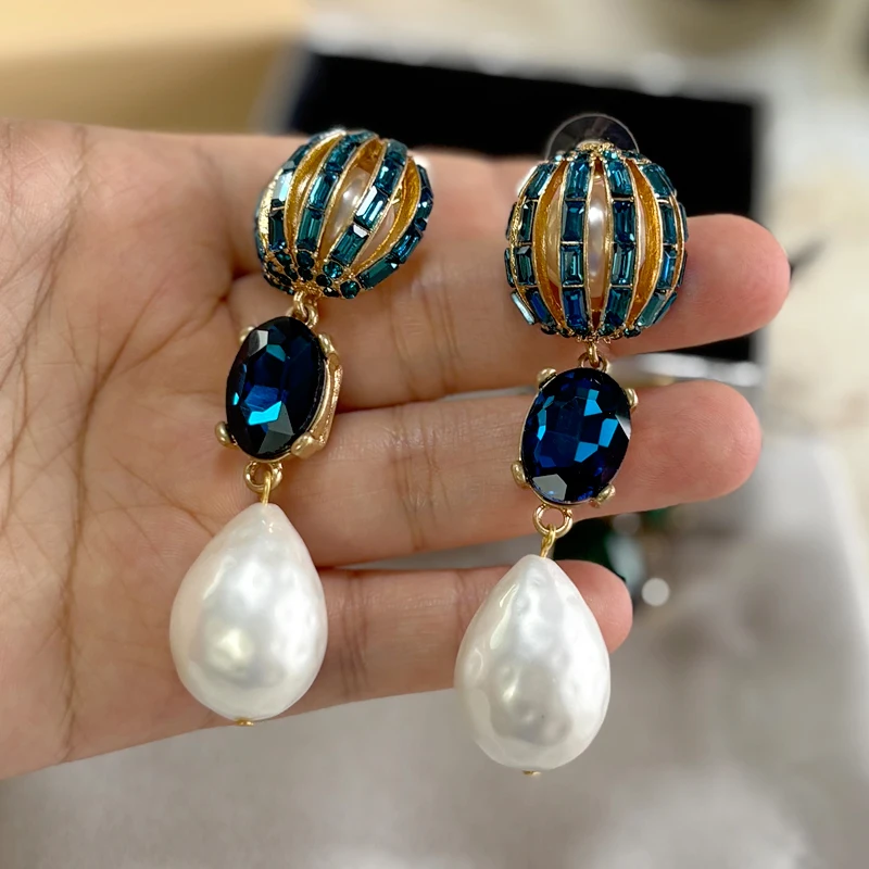 Fashion Statement Vintage Heavy Craft Colorful Rhinestone Hot Air Balloon Lantern Pearl Stud Earrings for Women