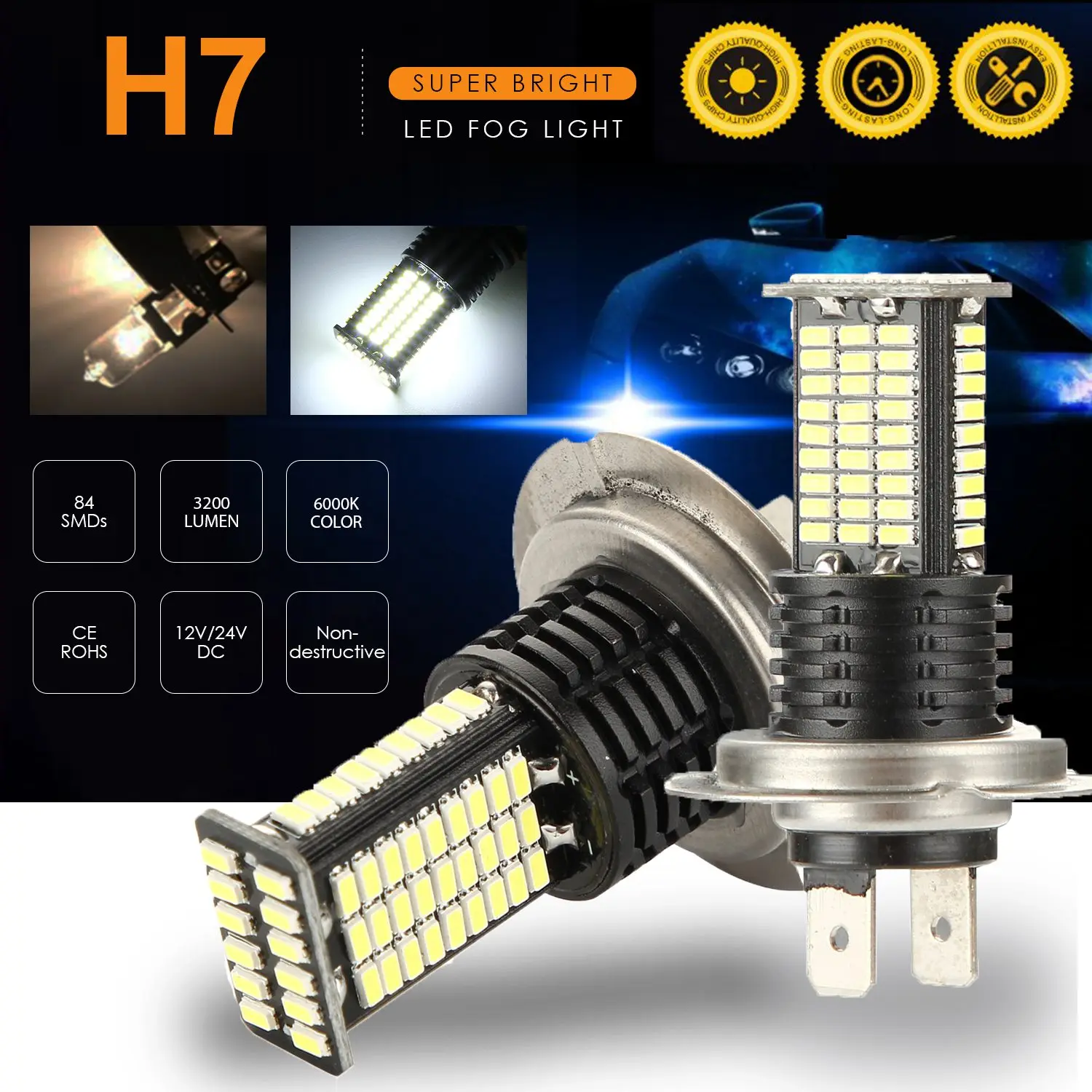 2Pcs H7 LED Fog Light Bulbs DRL 3200 Lumens Super Bright 84-SMD 12V 24V H7 LED Bulbs Replacement for Cars, Trucks, 6000K White