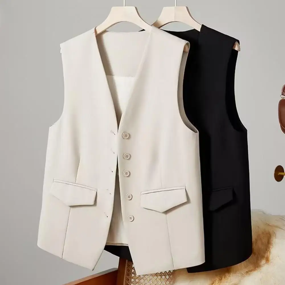 Women Suit Vest Elegant Women's V Neck Business Vest Sleeveless Waistcoat for Office Commute Style Solid Color Single-breasted