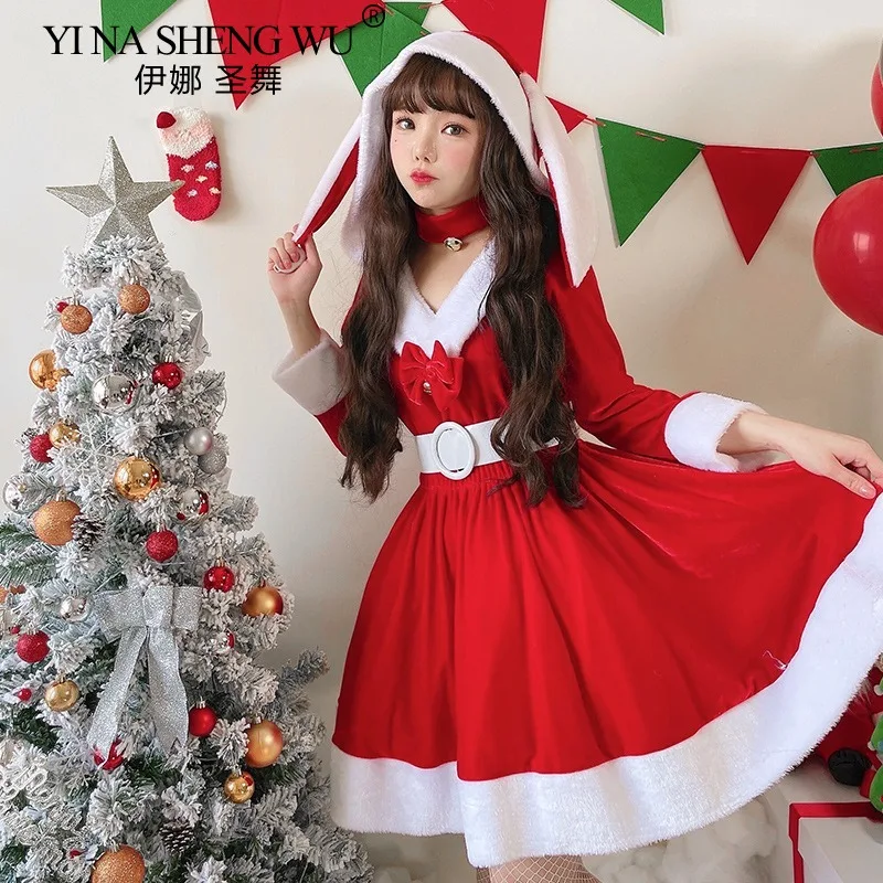 Japanese Christmas Costume Santa Claus Dress Up Red Cute Girl Bunny Dress Long Sleeved Dress Clothing for Women New Year Clothes