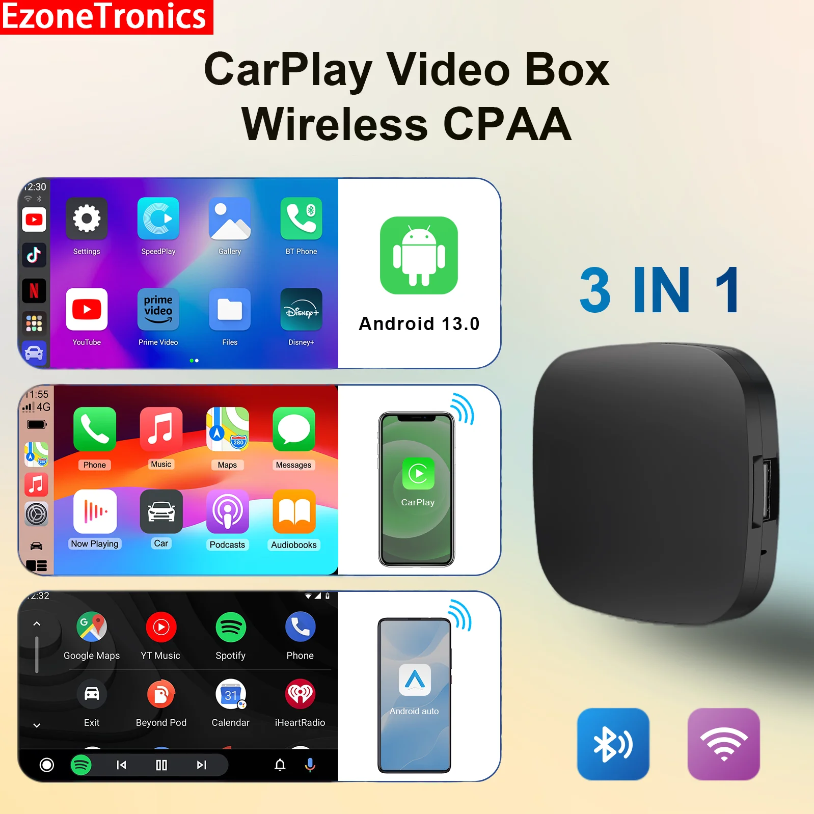 Ezonetronics Android 13 CarPlay Ai Box Wireless Android Auto Smart TV Box Car Intelligent System Support YouTube FOTA Upgrade