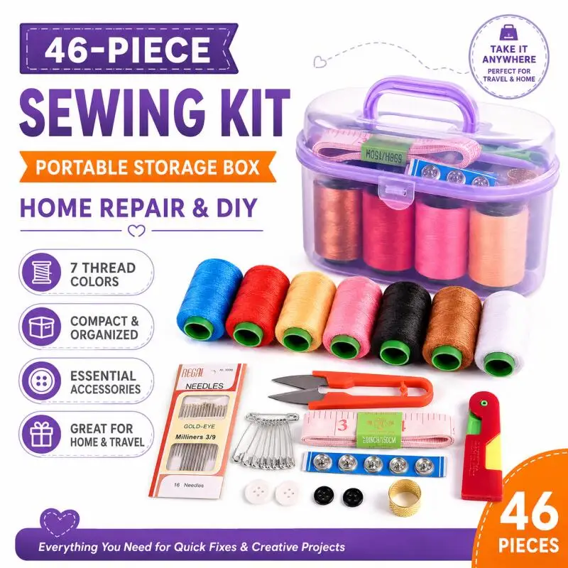 46-teiliges tragbares Nähset mit Etui, Maßband, Nähnadeln und Stecknadeln für DIY-Stickerei – Detail 1