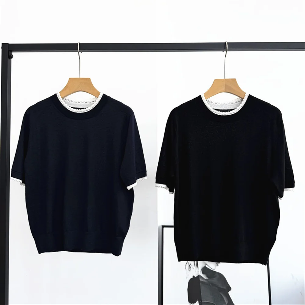 Women's Faux Two-Piece Pullover Lace-Trimmed Round Neck Short Sleeve Slim Lightweight Knit T-Shirt