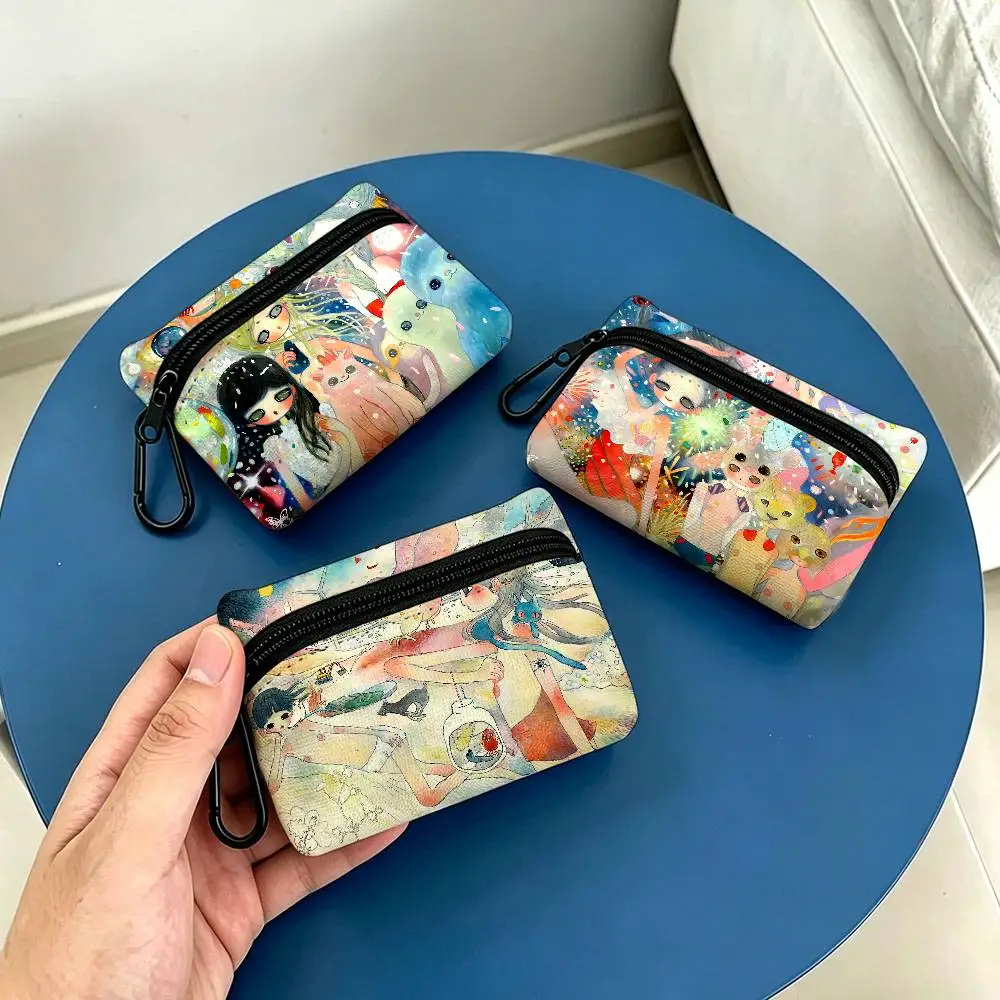 A-Aya T-Takano Art Anime Portable Oxford Fabric Mini Wallet Carabiner Design Small Coin Bag For Cards Keys Earphones
