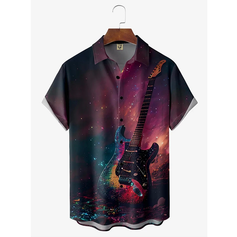 Hawaii Beach Shirt Men's Quick Dry Summer Short Sleeve Guitar Print Harajuku Casual Blouse Street Korean Clothing 2024 Camisa