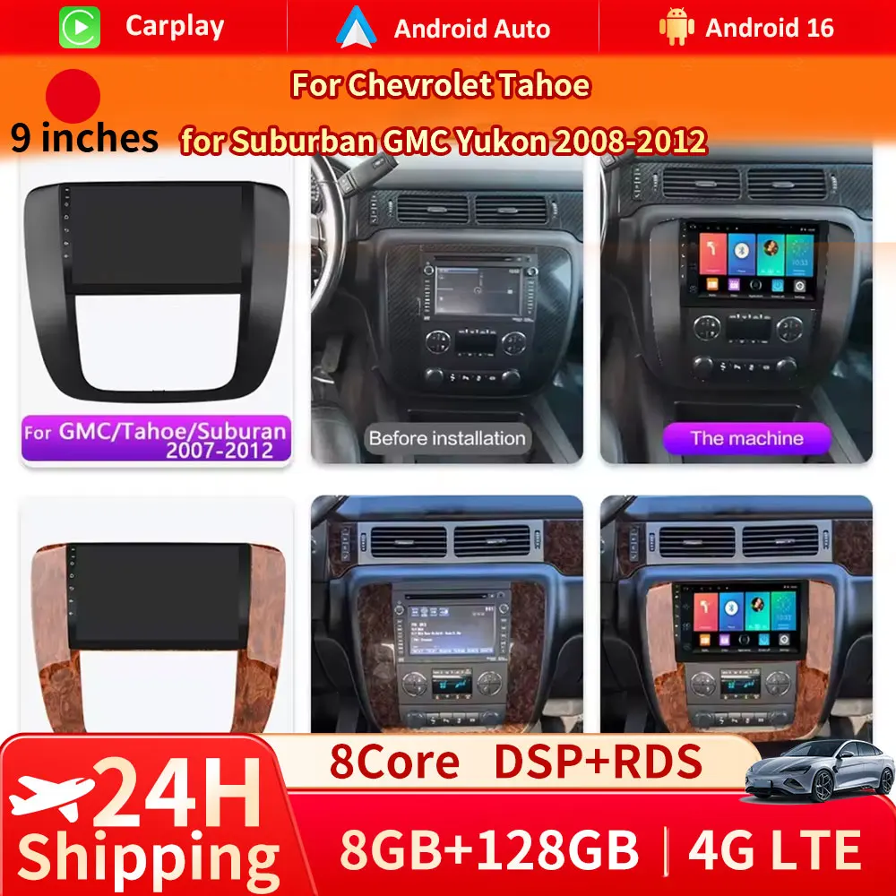 Radio para Auto Android 16 para GMC Yukon Chevrolet Tahoe Suburban 2008-2012, Reproductor Multimedia Carplay, Reproductor de Video, Navegación, Estéreo, Wifi+4G