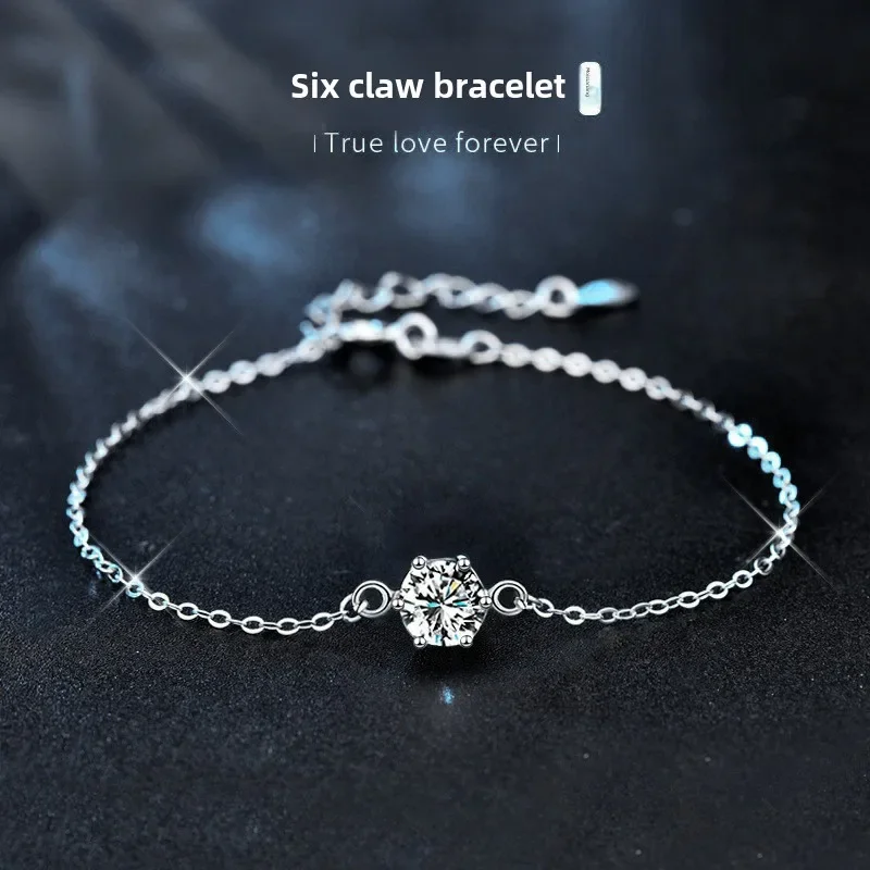 Light luxury 925 sterling silver six-claw moissanite bracelet for women, anniversary valentine's day gift