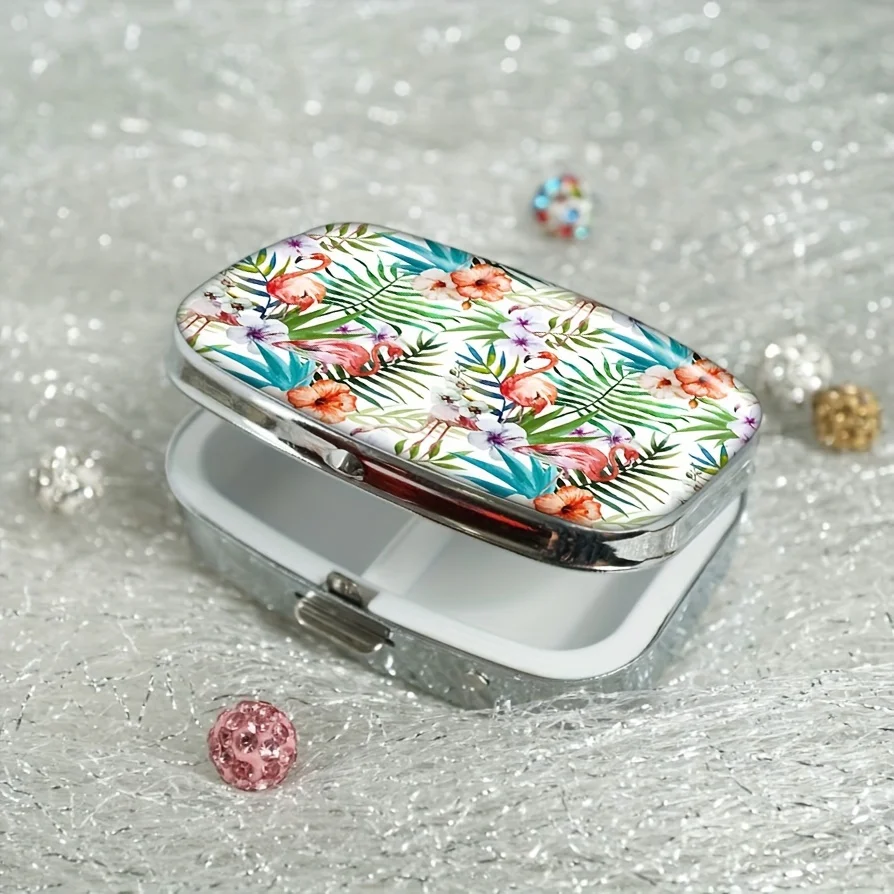 Floral Flamingo 2-Compartments Pill Case - Compact Drug Storage Box, for Wallets, Travel Friendly Vitamin Box