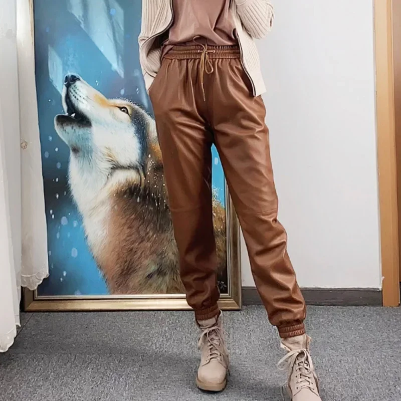 2022 Spring Ladies Wholesale Custom Matt Elastic Leisure Handmade Genuine Real Sheepskin Leather Cargo Pants