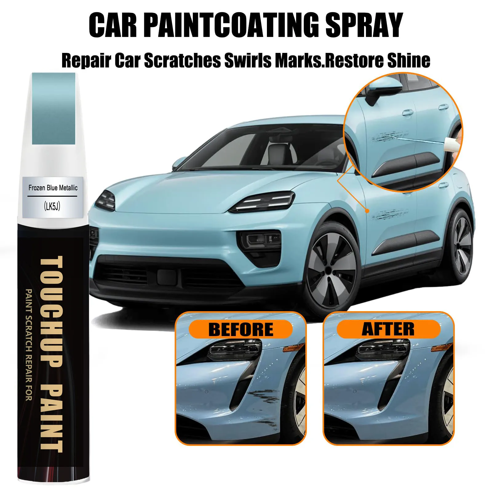 Car Touch up Paint(LK5J Frozen Blue Metallic) Compatible with Porsche, Car Paint Pen Scratch Repair Two-In-One Touch Up Paint