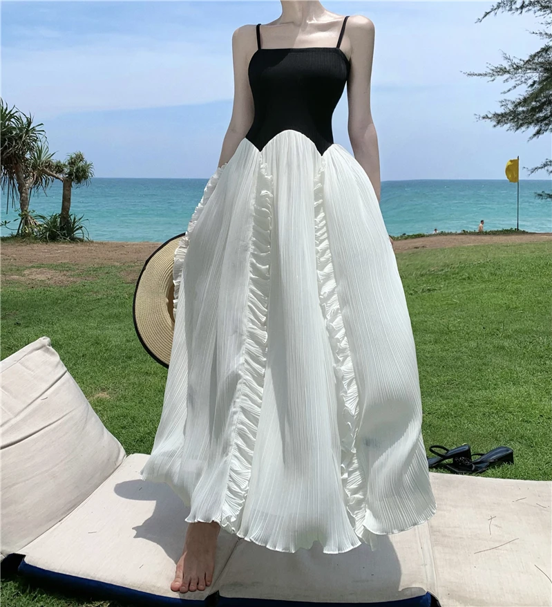 

Elegant Fashion Pleated Black White Patchwork Long Dress Evening Party Spliced Ruffle A-Line Prom Clothes Women Sweet Dresses