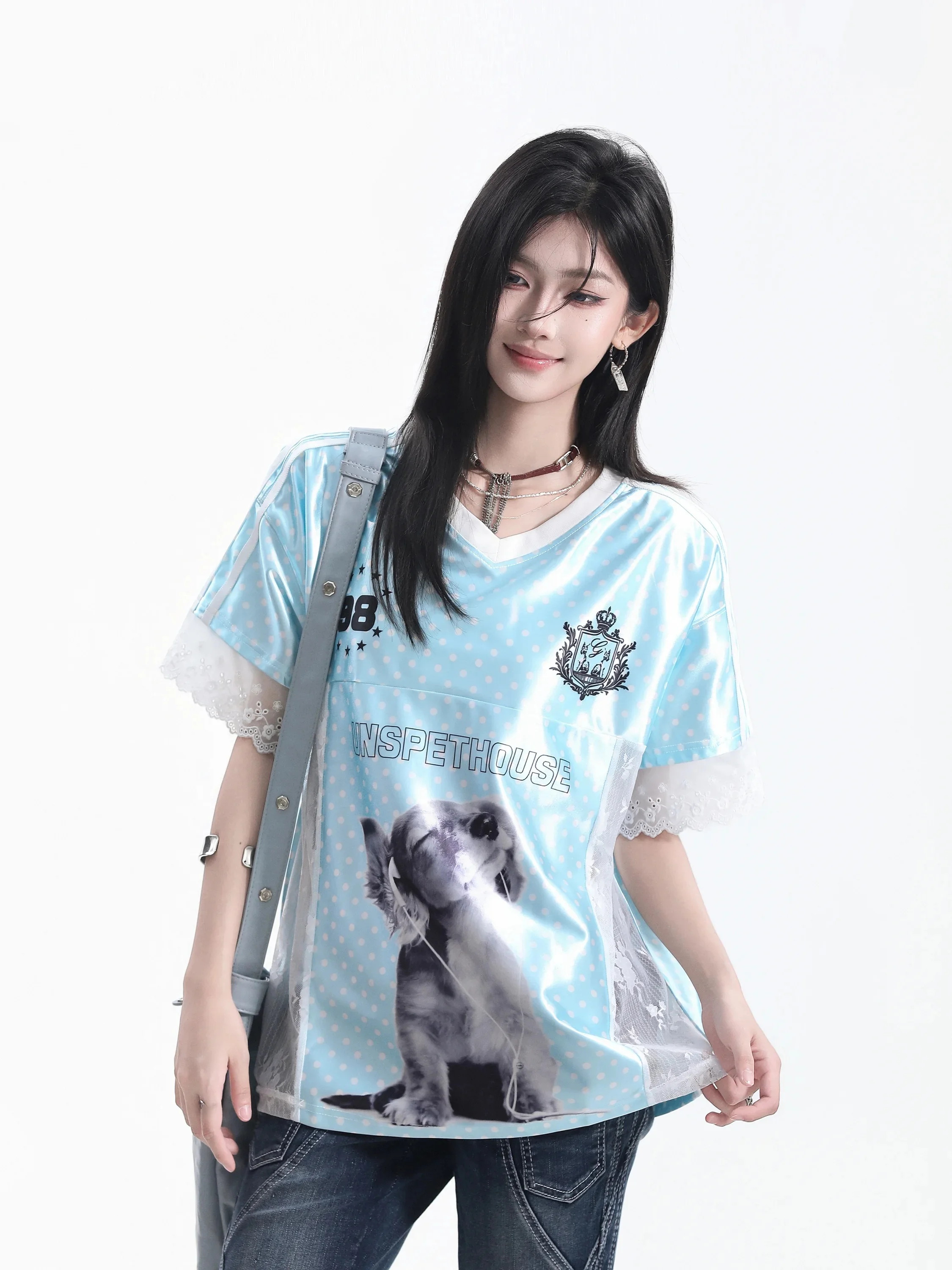 Sweet Cool Lace Splice Short Sleeve V-Neck Dog Print Couple Sport Style Ball Shirt Polyester Spandex Blend Loose Fit T-Shirt