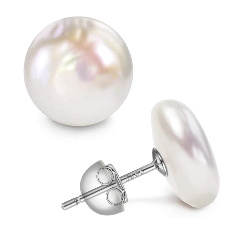 Woman Pearl Earrings Freshwater Cultured Button Pearls ,Coin Pearls,925 Sterling Silver Pearl Earrings for Women Girls Gift