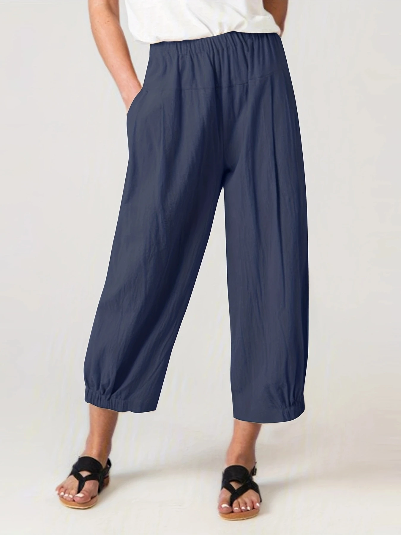 Plus Size Women Trousers Elastic Waist Wide Leg Pants Pockets Solid Color Casual Loose Female Harem Pants