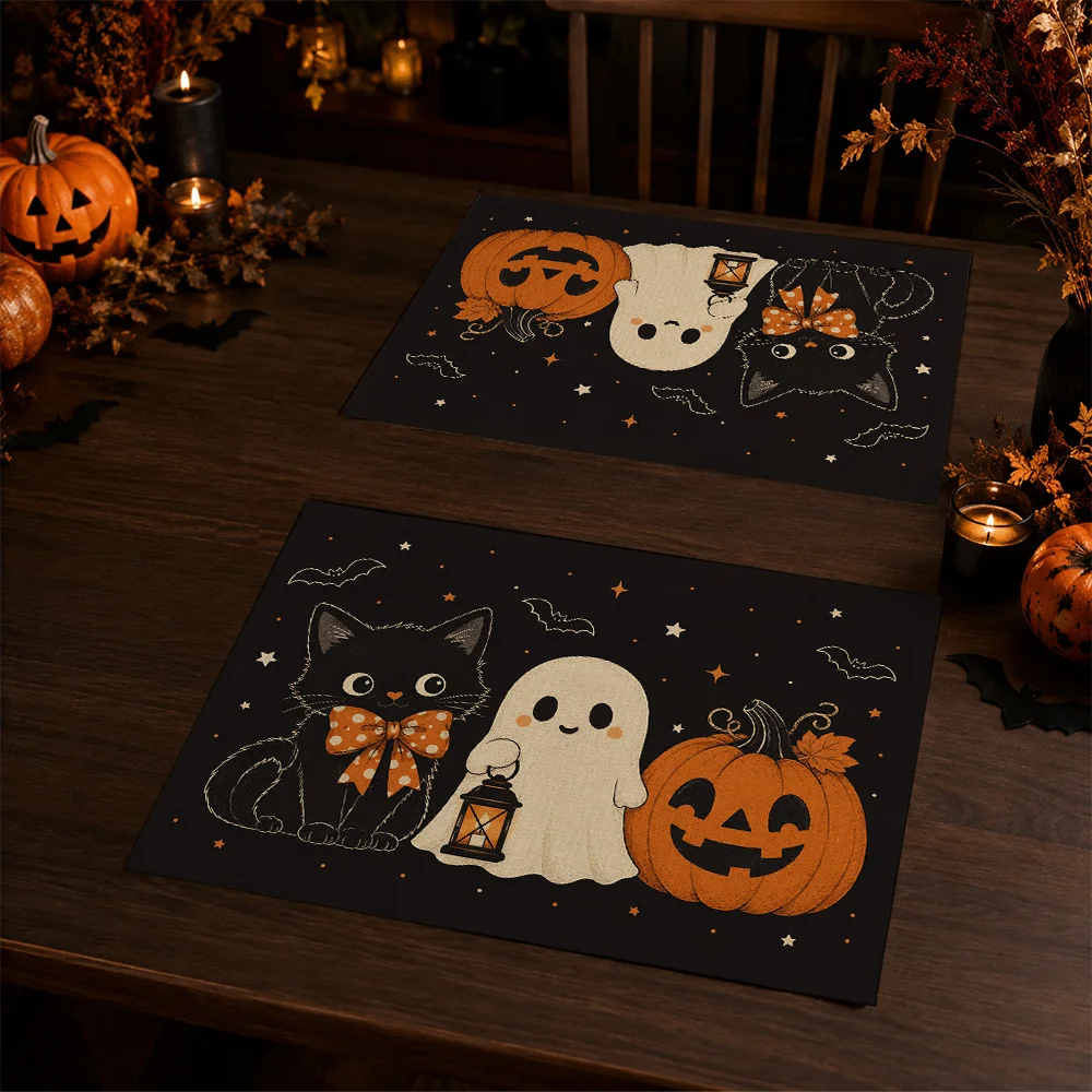 Spooky Black Cat & Pumpkin Placemats Suitable For Home Decor, Fall Table Ting, Halloween Party Supplies,  Polye