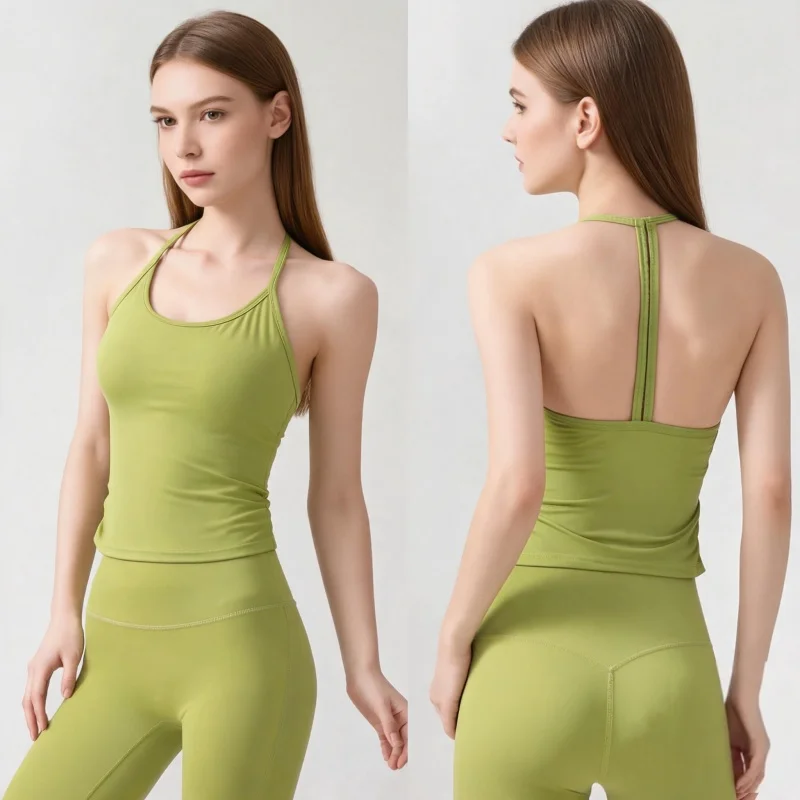 Women Halter T-Back Sleeveless Yoga Tank Top, Built-in Fixed Cups Quick Dry Breathable Second Skin for Pilates Gym