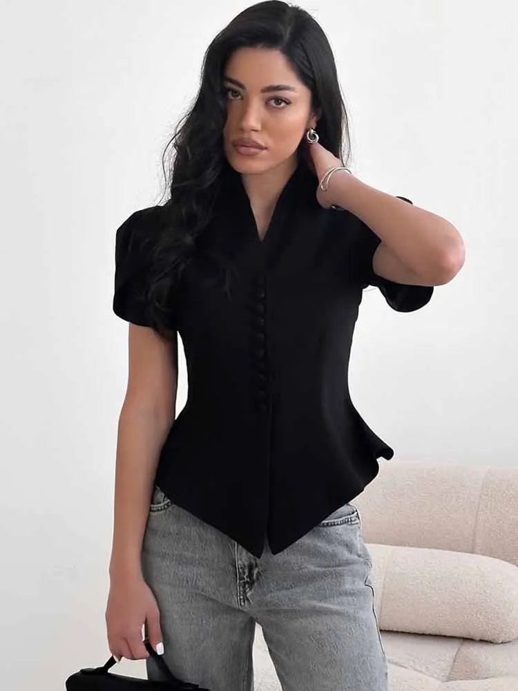 MCDV-camisas ajustadas con cintura elegante Irregular para mujer, Top corto de manga corta con cuello levantado y una botonadura, Tops elegantes para ir al trabajo de verano 2025