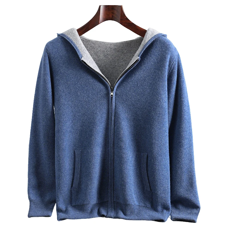 

Зимний двусторонний кардиган с капюшоном, мужской трикотаж, свитер из 100% чистой мериносовой шерсти, дизайн на молнии, высококачественное утолщенное теплое пальто