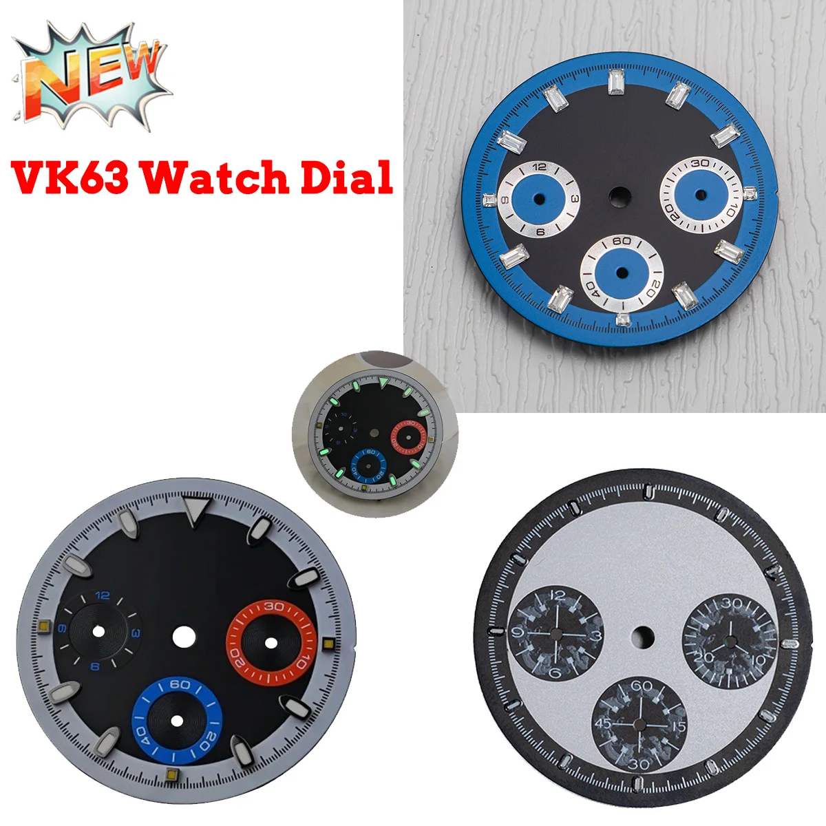 

29.5mm VK63 New Style Watch Dial Panda Dial Gem-Set Green Lume Suitable For Seiko Quartz Movement Case Modify Parts Accessories