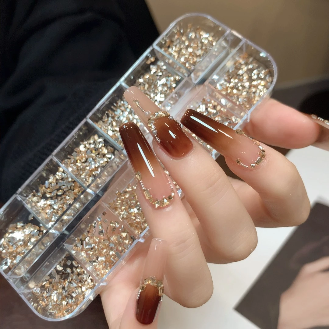 12Grids Mini Champagne Irregular Nail Rhinestones Mixed-Shapes Flat Back Gemstones Nail Charms DIY Crafts Manicure Accessories