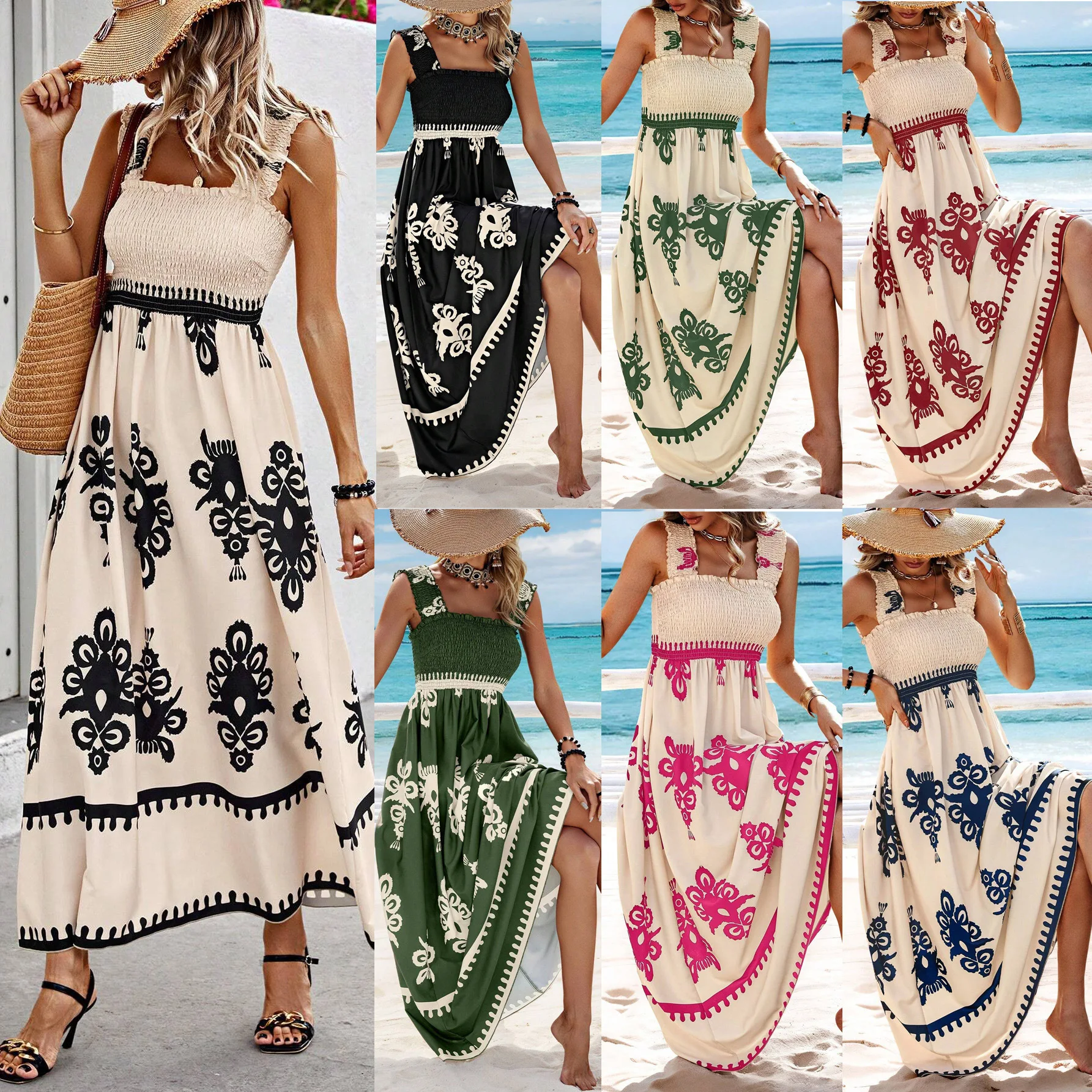 

2025 New Women's Clothing Women's Beach Dress Printed Chest Wrap Dress Europe and America