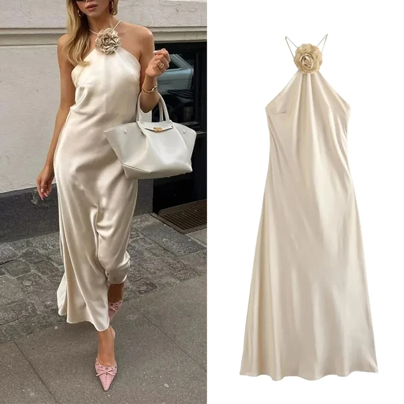 Robe de Soirée Sexy en Satin pour Femme, Tenue à Fleurs, Dos aux, Col Licou, Maxi, Été