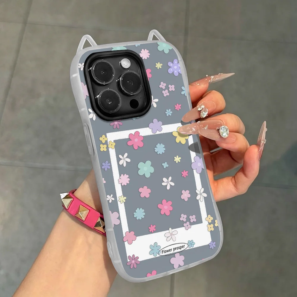 Cat Ears Colorful Tiny Flower Print Phone Case For iPhone 18 Pro Max 17 16 15 14 13 12 11 Pro Max Shockproof Covers New