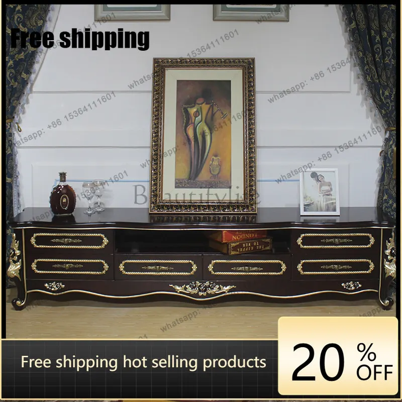HOT  European high-end carved all-solid wood TV cabinet, living room TV cabinet