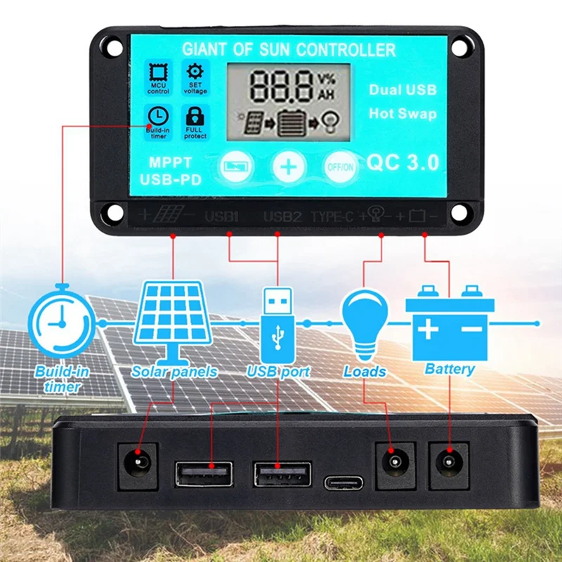 

CJSD-MPPT Solar Charge Controller 100A Multiple Protection Solar Regulator LCD Screen Fast Charging 3.0 Battery Charger Easy To