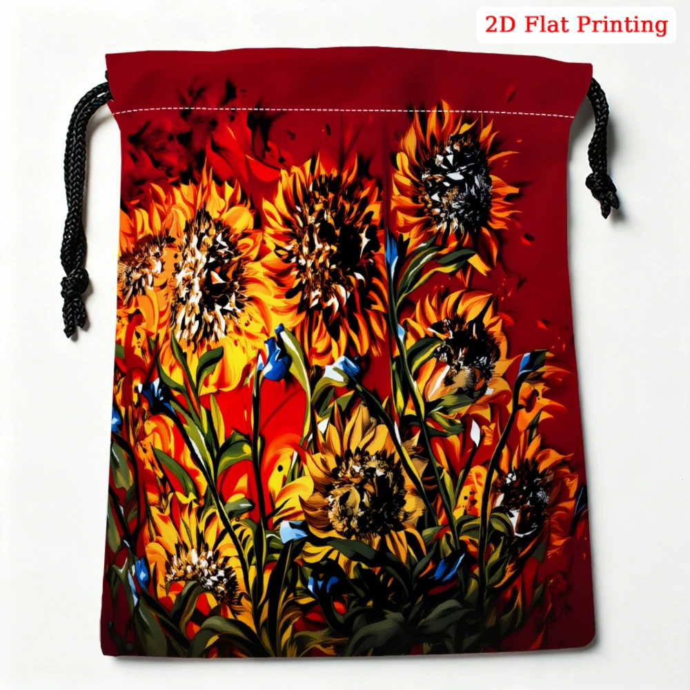 1pc Vintage Style Drawstring Bag Red Sunflower Floral Print Storage Small Pouch Travel Cosmetic Organizer For Women Portable Gif