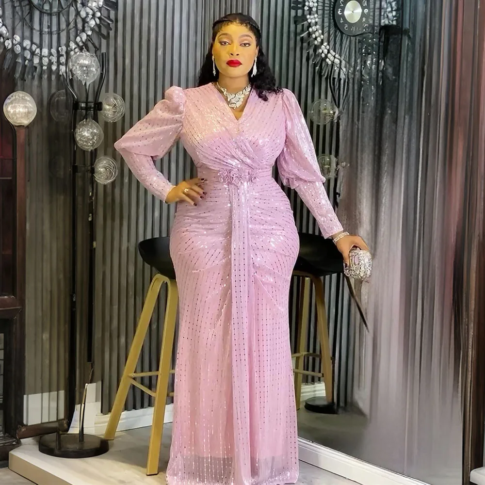 African Party Dresses for Woman Africa Clothing Plus Size Dashiki Sequin Pink Robe Elegant Turkey Muslim Wedding Evening Gown